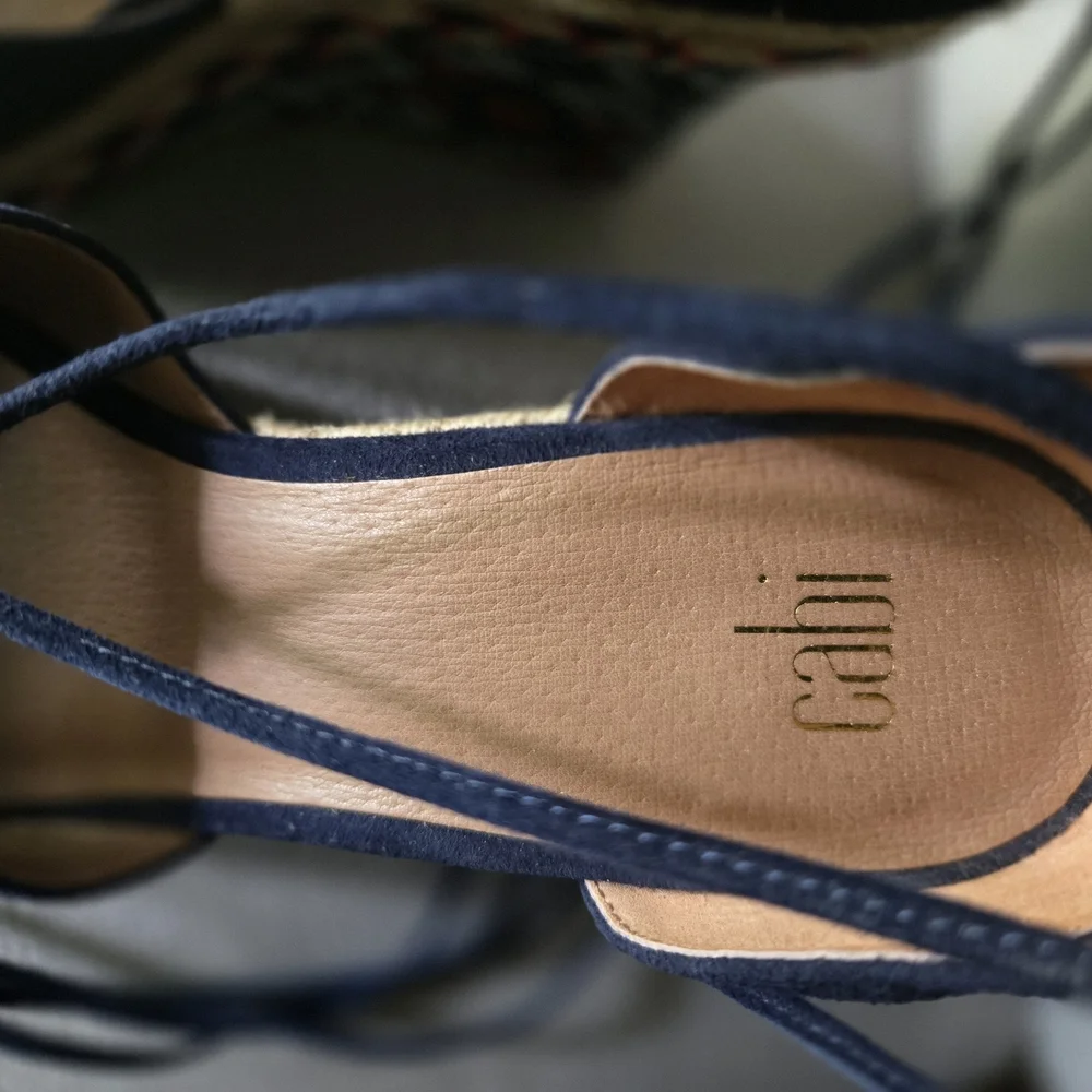 CAbi Navy Suede Espadrille Wedges Lace Up Raffia Platform Boho‎ Size 8.5